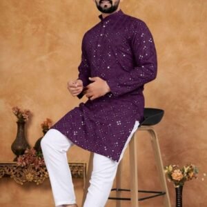 Men Wedding Wear Embroidery Work Purple Kurta with Pajama set