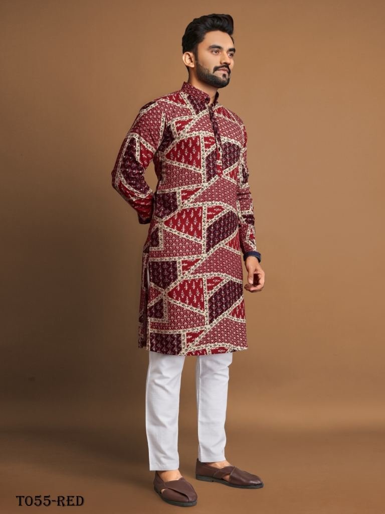 men soft cotton red kurta with 1718190369 New Arrival Soft Cotton Foil Print Mens Kurta Pajama Set