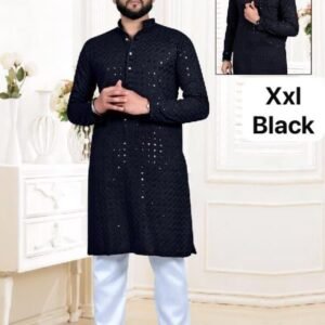 Men Traditional Black Rayon Kurta With Lucknowi Work
