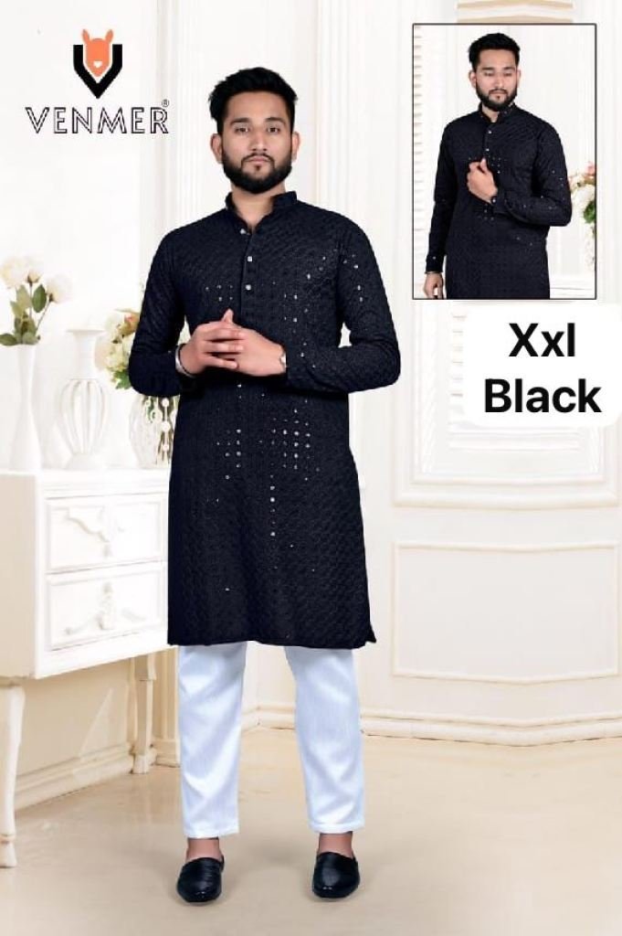 men traditional black rayon ku 1731672667 Men Traditional Black Rayon Kurta With Lucknowi Work