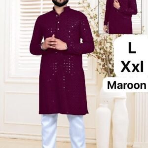 Men Traditional Maroon Rayon Kurta With Lucknowi Work