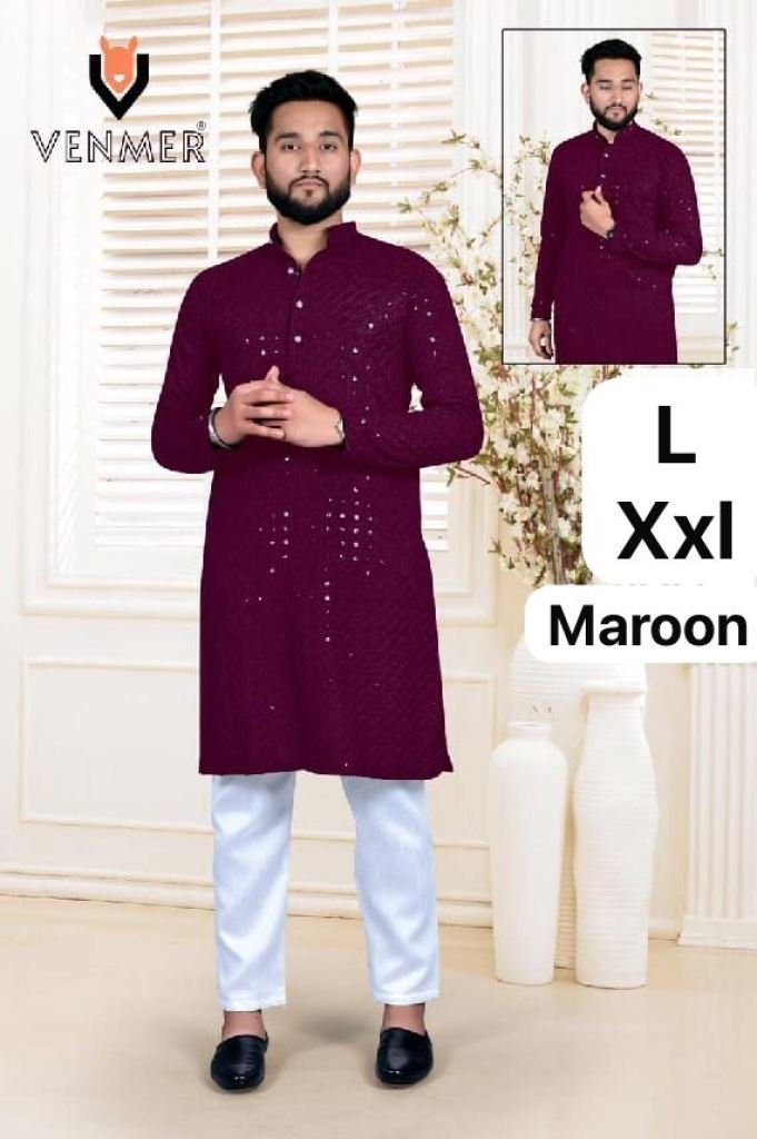 men traditional maroon rayon k 1731672448 Men Traditional Maroon Rayon Kurta With Lucknowi Work