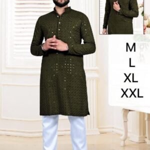 Men Traditional Mehendi Rayon Kurta With Lucknowi Work