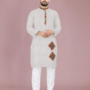 Men Traditional Navratri White Cotton Kurta Pajama With Gamthi Work