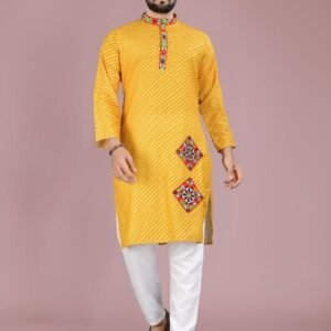 Men Traditional Navratri Yellow Cotton Kurta Pajama With Gamthi Work