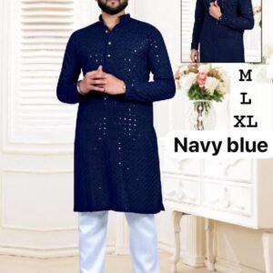 Men Traditional Navy Blue Rayon Kurta With Lucknowi Work