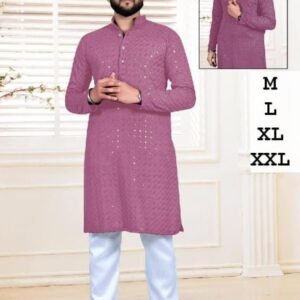 Men Traditional Onion Rayon Kurta With Lucknowi Work