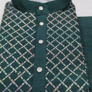 Men Traditional Wear Embroidery Work Sea Green Kurta With Pyjama Set