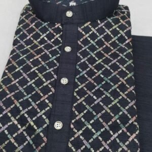 Men Traditional Wear Embroidery Work Black Kurta With Pajama Set