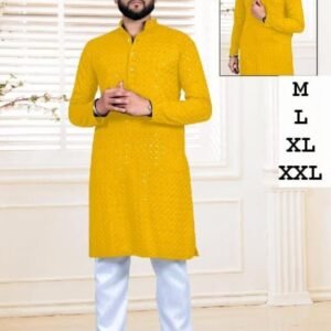 Men Traditional Yellow Rayon Kurta With Lucknowi Work