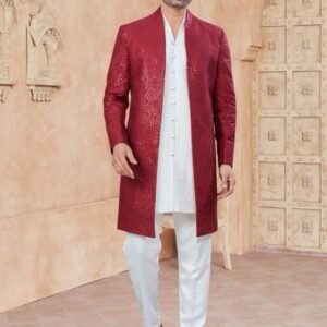 Men Wedding Pure Silk Indo Western With Red Jacket