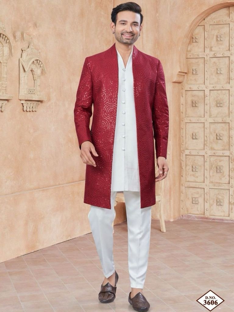 men wedding pure silk indo wes 1742292002 Men Wedding Pure Silk Indo Western With Red Jacket