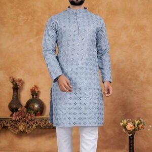 Men Wedding Wear Embroidery Work Gray Kurta With Pajama Set