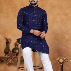Embroidery Work Mens Blue Kurta With Pajama Set
