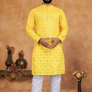 Embroidery Work Yellow Kurta With Pajama Set For Mens