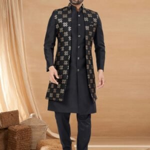 Mens Black Embroidered Zari Work Kurta With Jacket