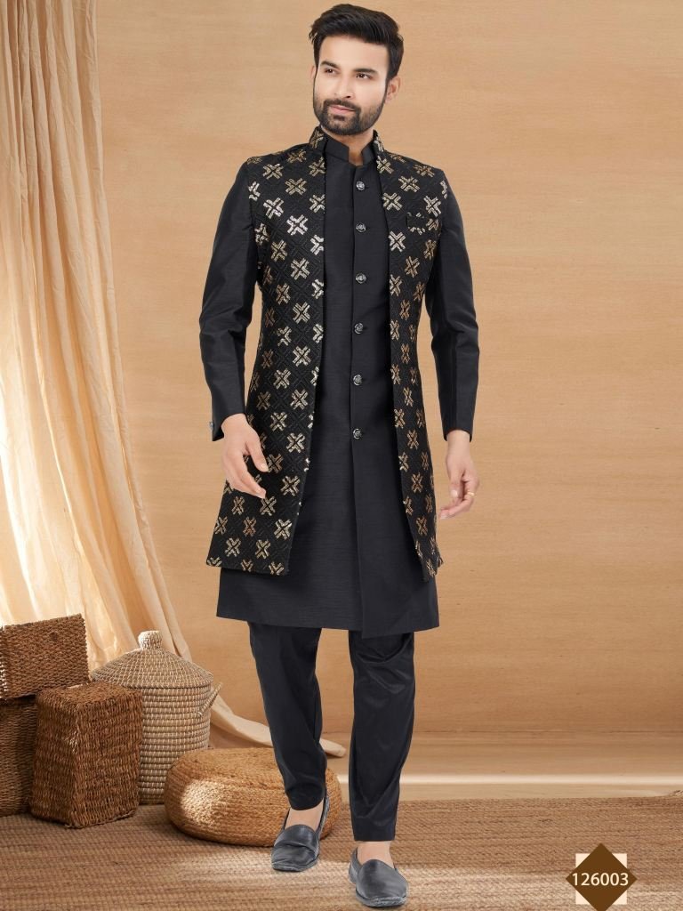 mens black embroidered zari wo 1765880663 Mens Black Embroidered Zari Work Kurta With Jacket