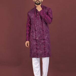 Mens Embroidery Wine Sequence Work Kurta Pajama Set