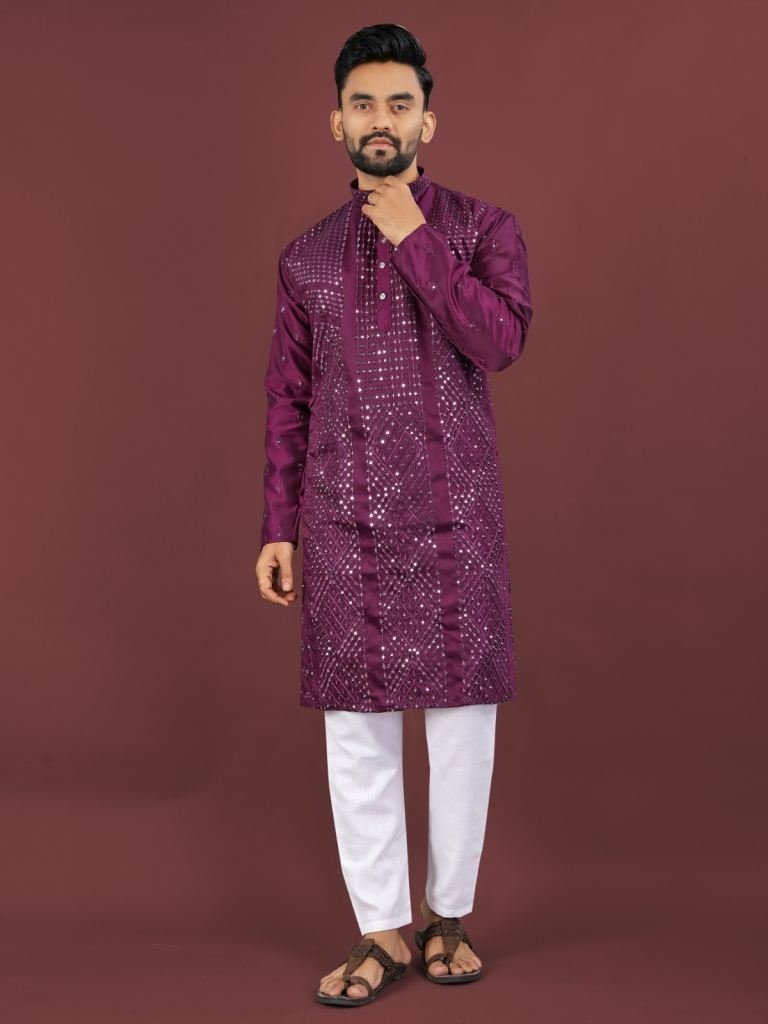 mens embroidery wine sequence 1748689948 Mens Embroidery Wine Sequence Work Kurta Pajama Set