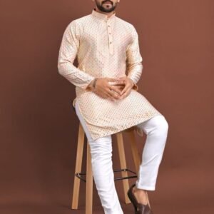 Mens Peach Kurta Pant With Heavy Mirror Work