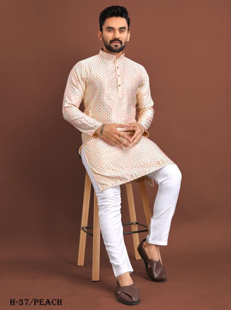 mens peach kurta pant with hea 1723208382 Mens Peach Kurta Pant With Heavy Mirror Work