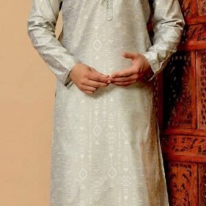 Mens Wear Grey Jacquard Silk Kurta Pajama