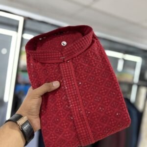 Mens Wear Lakhanawi Work Rayon Red Kurta With Pyjama Set