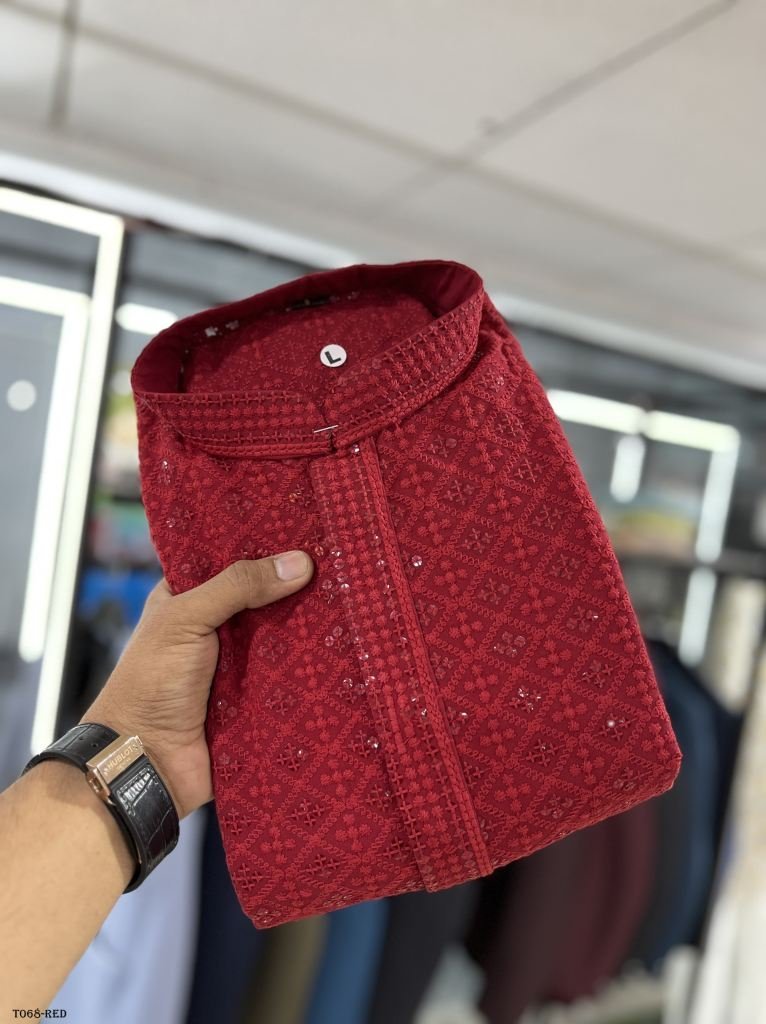 mens wear jacquard work cotton 1718277008 Mens Wear Lakhanawi Work Rayon Red Kurta With Pyjama Set