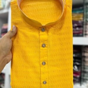 Mens Wear Jacquard Work Cotton Yellow Kurta With Pyjama Set