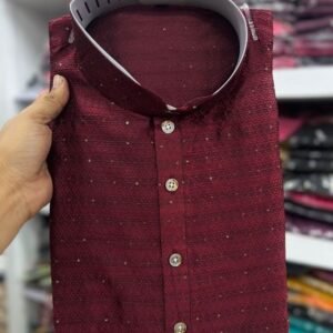 Mens Wear Jacquard Work Cotton Maroon Kurta With Pyjama Set