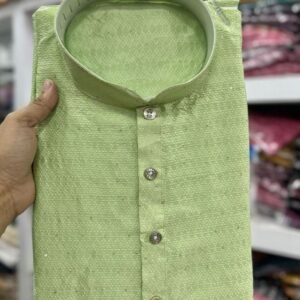 Mens Wear Jacquard Work Cotton Green Kurta With Pajama Set