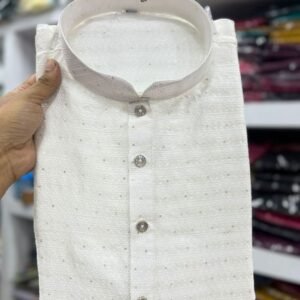 Cotton Jacquard White Kurta With Pyjama Set