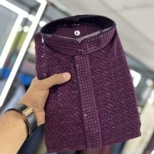 Mens Wear Lakhanawi Work Rayon Maroon Kurta With Pyjama Set