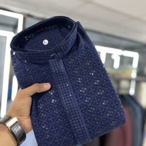 Mens Wear Lakhanawi Work Rayon Blue Kurta With Pyjama Set