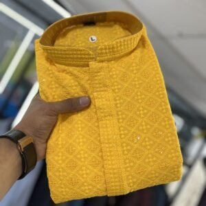 Mens Wear Lakhanawi Work Rayon Yellow Kurta With Pyjama Set
