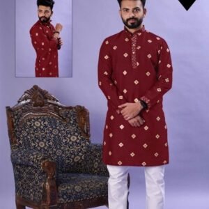 Mens Wear Red Pure Silk Kurta Pajama Set