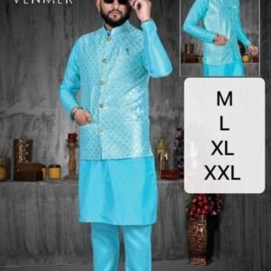 Mens Wear Sky Blue Pure Silk Kurta Pajama With Koti Set