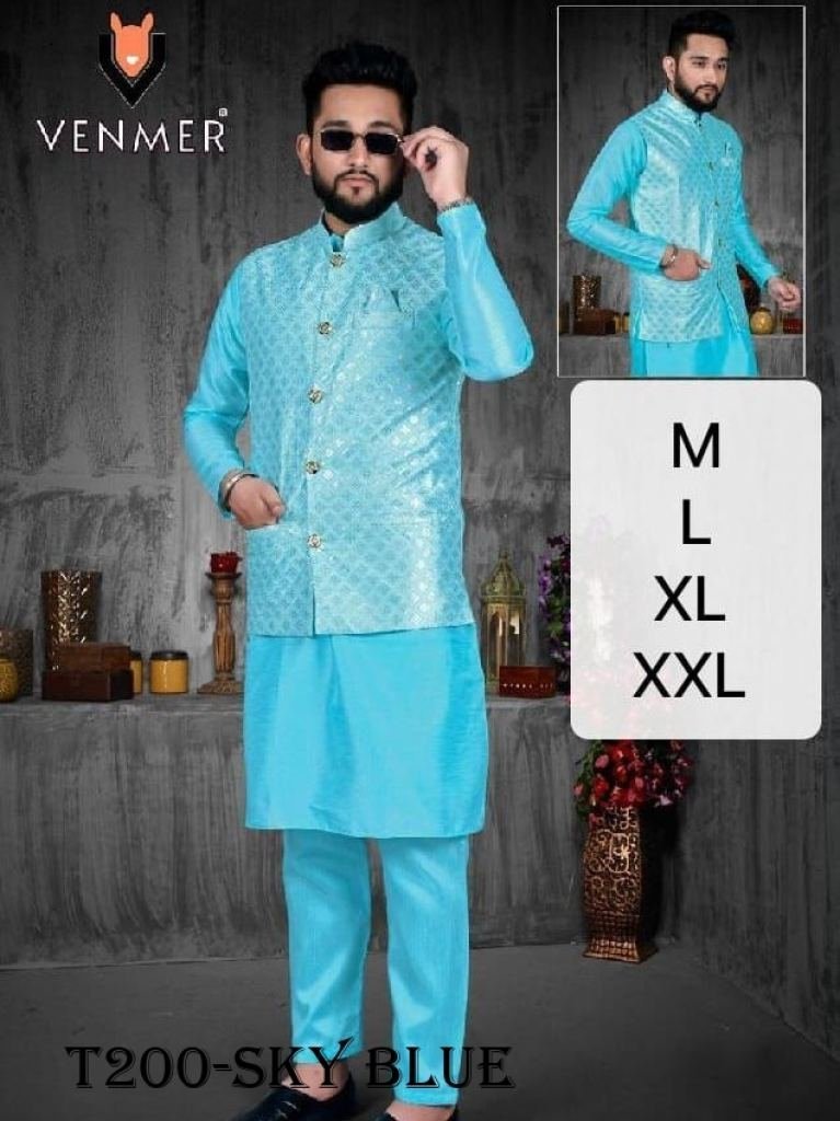 mens wear sky blue pure silk k 1720615071 Mens Wear Sky Blue Pure Silk Kurta Pajama With Koti Set