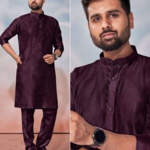 Mens Wear Wine Banglori Silk Kurta Pant Set