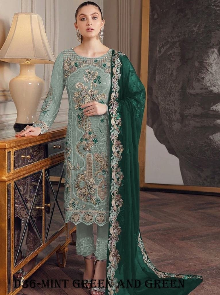 mint green and green color emb 1718176498 Mint Green and Green Color Embroidered Fox Georgette Suit Set