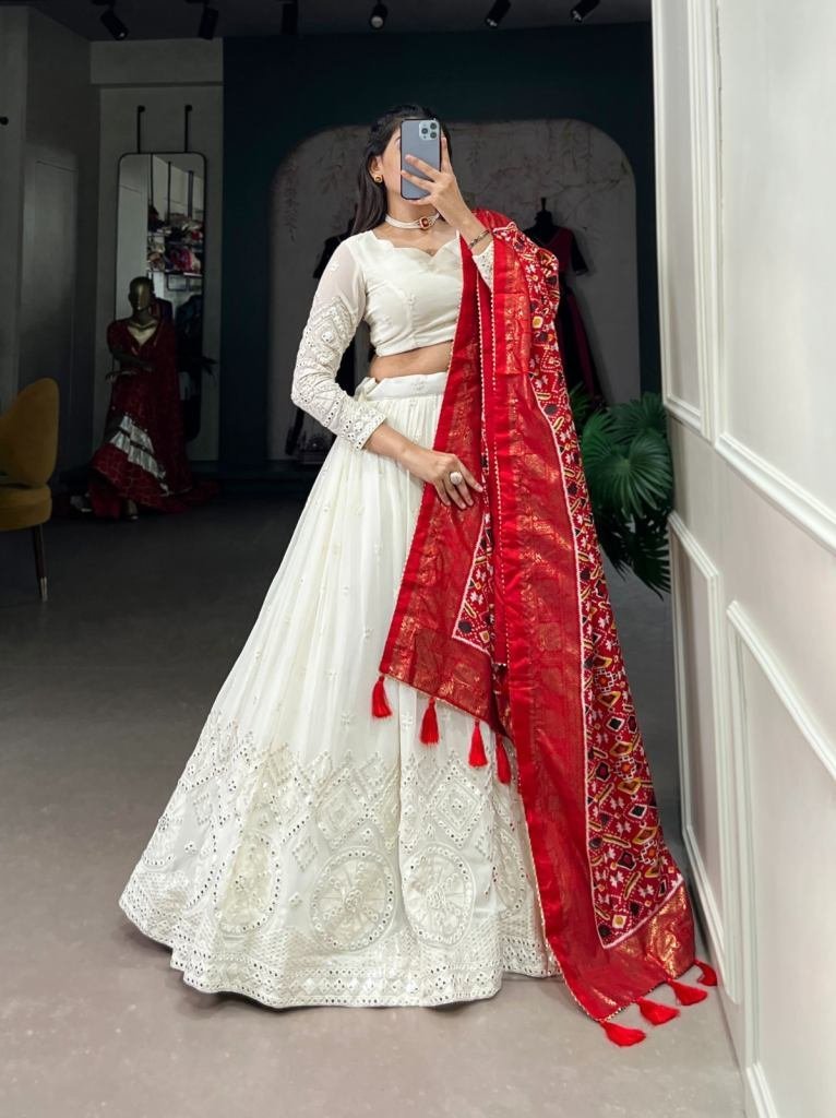mirror work lehenga with dola 1728908409 Mirror Work Lehenga With Dola Silk Dupatta