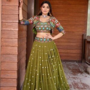 Modelling Mehendi Green Georgette Lehenga Choli With Jacket