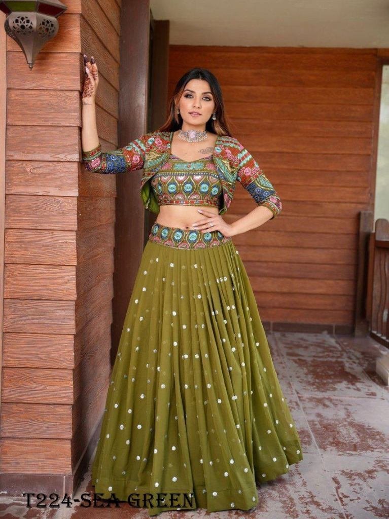 modelling sea green georgette 1720853141 Modelling Mehendi Green Georgette Lehenga Choli With Jacket