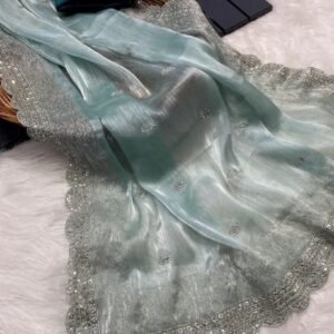 Most Beautiful Burburry Sequins work Silk Sky Blue saree