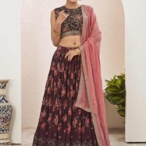 Mukaish Embroidered Work Brown Georgette Lehenga Choli