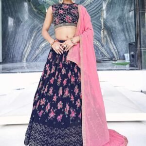 Mukaish Embroidered Work Navy Blue Georgette Lehenga Choli