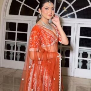 Mulmul Silk Orange Lehenga Set with Sequins Work