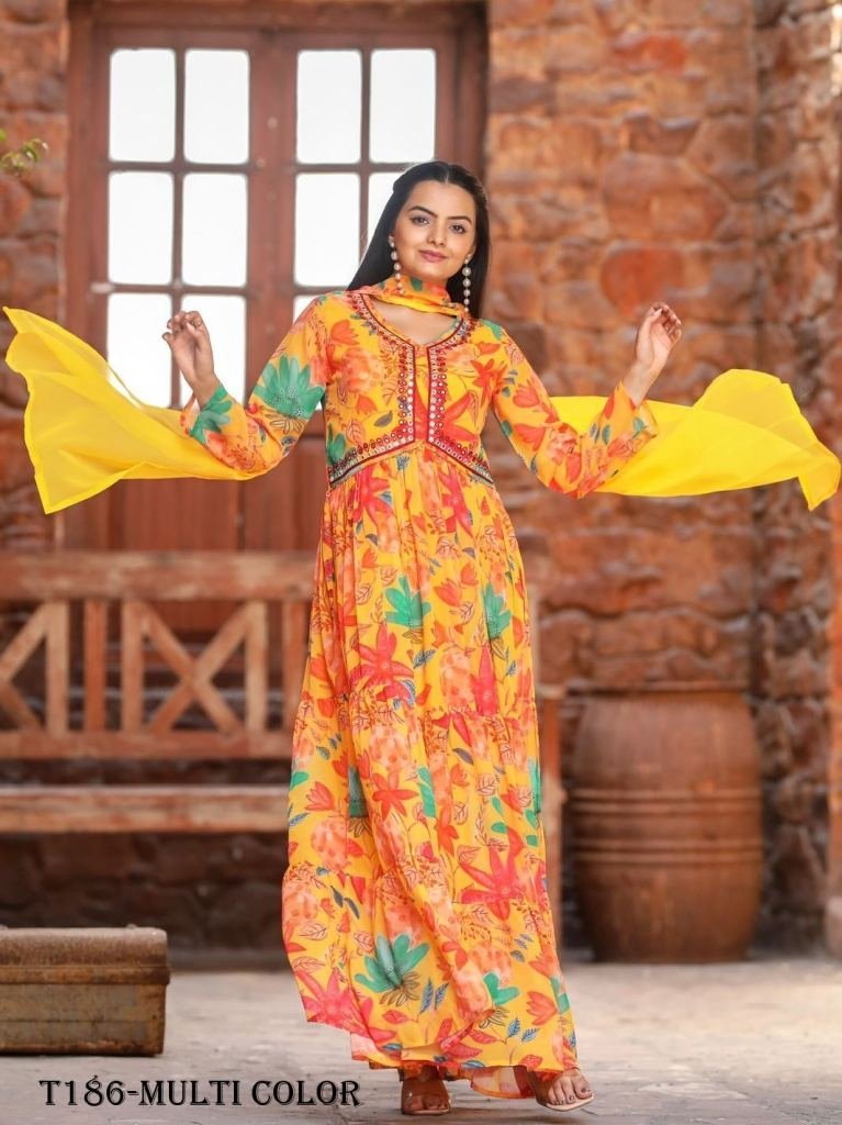 multi color georgette anarkali 1720414719 Multi Color Georgette Anarkali Long Kurti Pant Set