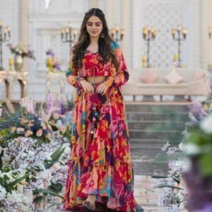 Multi Pink 3 piece Koti Style Digital Print Indo Western Suit by Fab Funda