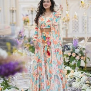 Multi White 3 piece Koti Style Digital Print Indo Western Suit by Fab Funda